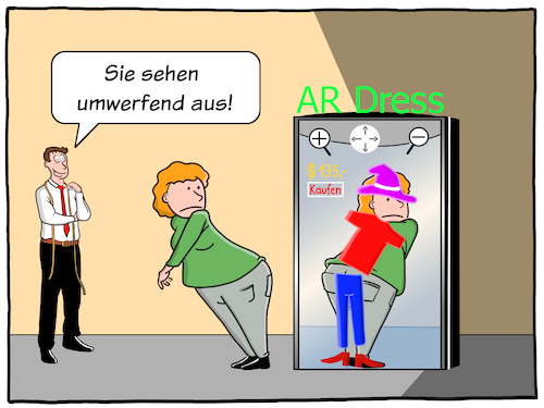 Cartoon: Augmented Reality Anprobe (medium) by Cloud Science tagged digitalisierung,technologie,ar,augmented,reality,einzelhandel,anprobe,kleidung,einkaufen,shopping,shoppingerlebnis,beratung,spiegel,virtuelle,realitaet,vr,tech,technik,display,ankleidereaum,reatil,stationaerer,handel,online,smart,vernetzung,digital,moeller,cartoon,kaufen,dress,outfit,anprobieren,daten,kamera,scannen,illustration,künstliche,realität,digitalisierung,technologie,ar,augmented,reality,einzelhandel,anprobe,kleidung,einkaufen,shopping,shoppingerlebnis,beratung,spiegel,virtuelle,realitaet,vr,tech,technik,display,ankleidereaum,reatil,stationaerer,handel,online,smart,vernetzung,digital,moeller,cartoon,kaufen,dress,outfit,anprobieren,daten,kamera,scannen,illustration,künstliche,realität