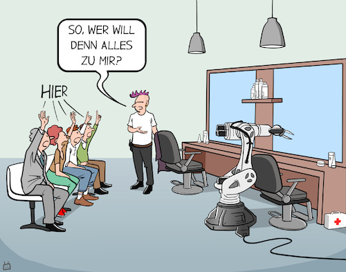 Cartoon: Beim Friseur (medium) by Cloud Science tagged automatisierung,roboter,robotik,friseur,friseurhandwerk,arbeit,job,handwerk,dienstleistung,maschine,mensch,arbeitswelt,beruf,zukunft,tech,automatisierung,roboter,robotik,friseur,friseurhandwerk,arbeit,job,handwerk,dienstleistung,maschine,mensch,arbeitswelt,beruf,zukunft,tech