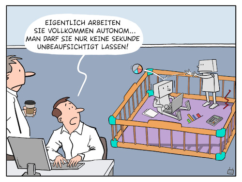 Cartoon: Botsitting (medium) by Cloud Science tagged ki,künstliche,intelligenz,agenten,agent,arbeit,zukunft,tech,technologie,autonom,hitl,human,in,the,loop,kontrolle,überwachung,slop,mehrarbeit,roboter,bots,chatbot,assistent,prozess,buzzword,ki,künstliche,intelligenz,agenten,agent,arbeit,zukunft,tech,technologie,autonom,hitl,human,in,the,loop,kontrolle,überwachung,slop,mehrarbeit,roboter,bots,chatbot,assistent,prozess,buzzword