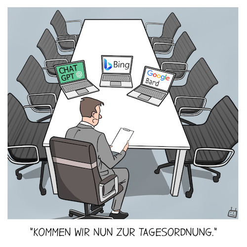 Cartoon: Chatbots (medium) by Cloud Science tagged chatgpt,chat,gpt,google,bard,bing,ki,künstliche,intelligenz,zukunft,meeting,arbeitswelt,arbeit,digitalisierung,chatgpt,chat,gpt,google,bard,bing,ki,künstliche,intelligenz,zukunft,meeting,arbeitswelt,arbeit,digitalisierung