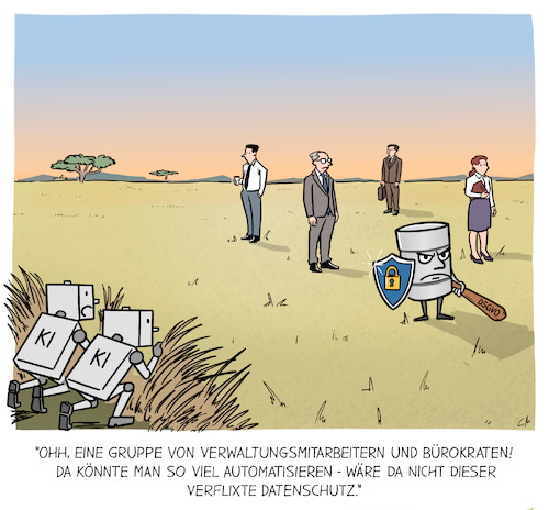 Cartoon: Datenschutz schützt Jobs (medium) by Cloud Science tagged datenschutz,dsgvo,bürokratie,ki,künstlicheintelligenz,automatisierung,verwaltung,beamte,jobsicherheit,arbeitsplatz,zuständigkeiten,satire,karikatur,roboter,datenverarbeitung,algorithmus,behördendschungel,digitalisierungsbremse,compliance,grundrechte,datenschutzbeauftragter,öffentlicherdienst,arbeitswelt,technologie,menschgegenmaschine,büroangestellte,prozessoptimierung,widerstand,innovation,reformstau,datenschutz,dsgvo,bürokratie,ki,künstlicheintelligenz,automatisierung,verwaltung,beamte,jobsicherheit,arbeitsplatz,zuständigkeiten,satire,karikatur,roboter,datenverarbeitung,algorithmus,behördendschungel,digitalisierungsbremse,compliance,grundrechte,datenschutzbeauftragter,öffentlicherdienst,arbeitswelt,technologie,menschgegenmaschine,büroangestellte,prozessoptimierung,widerstand,innovation,reformstau