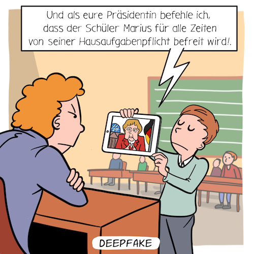 Cartoon: Deepfake (medium) by Cloud Science tagged deepfake,deepfakes,dee,fake,fälschung,ki,künstliche,intelligenz,technik,tech,technologie,merkel,schule,computer,digitalisierung,digital,datenschutz,bedrohung,politiker,politik,lehrer,täuschung,algorithmen,filter,deepfake,deepfakes,dee,fake,fälschung,ki,künstliche,intelligenz,technik,tech,technologie,merkel,schule,computer,digitalisierung,digital,datenschutz,bedrohung,politiker,politik,lehrer,täuschung,algorithmen,filter