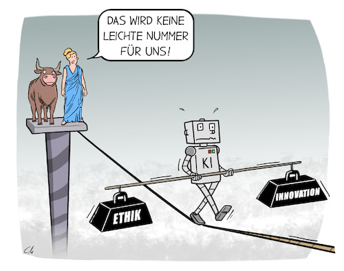 Cartoon: Drahtseilakt (medium) by Cloud Science tagged ki,eu,ai,act,ethik,innovation,europa,balanceakt,datenschutz,fairness,transparenz,verantwortlichkeit,nachhaltigkeit,menschenrechte,sicherheit,technologie,zukunft,digitalisierung,gesellschaft,fortschritt,dialog,regulierung,compliance,gesetzgebung,technik,mensch,maschine,interaktion,interdisziplinär,forschung,entwicklung,künstliche,intelligenz,ethikrichtlinien,technologieethik,ki,eu,ai,act,ethik,innovation,europa,balanceakt,datenschutz,fairness,transparenz,verantwortlichkeit,nachhaltigkeit,menschenrechte,sicherheit,technologie,zukunft,digitalisierung,gesellschaft,fortschritt,dialog,regulierung,compliance,gesetzgebung,technik,mensch,maschine,interaktion,interdisziplinär,forschung,entwicklung,künstliche,intelligenz,ethikrichtlinien,technologieethik