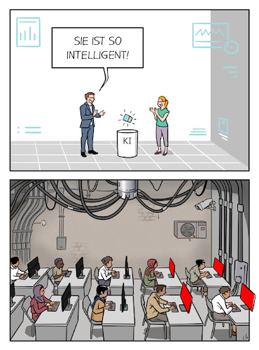 Cartoon: Feeding the Machine (medium) by Cloud Science tagged künstliche,intelligenz,datenarbeit,datenannotatoren,digitale,ausbeutung,versteckte,arbeit,mensch,hinter,der,ki,content,moderation,klickarbeit,crowdwork,plattformarbeit,techkritik,arbeitsbedingungen,globaler,süden,ai,industrie,überwachung,moderne,sklavenarbeit,unsichtbare,ethik,und,kolonialisierung,maschinenmythos,künstliche,intelligenz,datenarbeit,datenannotatoren,digitale,ausbeutung,versteckte,arbeit,mensch,hinter,der,ki,content,moderation,klickarbeit,crowdwork,plattformarbeit,techkritik,arbeitsbedingungen,globaler,süden,ai,industrie,überwachung,moderne,sklavenarbeit,unsichtbare,ethik,und,kolonialisierung,maschinenmythos