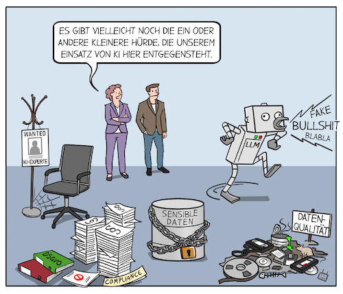 Cartoon: Hürden beim Einsatz von KI (medium) by Cloud Science tagged ki,künstliche,intelligenz,chatbot,chatgpt,daten,llm,datenschutz,dsgvo,compliance,einsatz,transformation,tech,technologie,data,lake,halluzinieren,management,ki,künstliche,intelligenz,chatbot,chatgpt,daten,llm,datenschutz,dsgvo,compliance,einsatz,transformation,tech,technologie,data,lake,halluzinieren,management