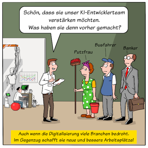 Cartoon: Neue Jobs (medium) by Cloud Science tagged digital,digitalisierung,arbeit,arbeitswelt,arbeitslosigkeit,wirtschaft,tech,technologie,technik,entwickler,entwicklung,programmierer,banker,putzfrau,busfahrer,job,roboter,robotik,kuenstliche,intelligenz,zukunft,disruption,gesellschaft,verschiebung,politik,transformation,it,programmieren,sozial,hartz4,grundeinkommen,bge,trend,business,automatisierung,moeller,cartoon,illustration,digital,digitalisierung,arbeit,arbeitswelt,arbeitslosigkeit,wirtschaft,tech,technologie,technik,entwickler,entwicklung,programmierer,banker,putzfrau,busfahrer,job,roboter,robotik,kuenstliche,intelligenz,zukunft,disruption,gesellschaft,verschiebung,politik,transformation,it,programmieren,sozial,hartz4,grundeinkommen,bge,trend,business,automatisierung,moeller,cartoon,illustration