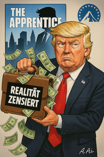 Cartoon: Reality kostet! (medium) by Cloud Science tagged trump,paramount,gericht,zensur,medienkritik,realitytv,satire,karikatur,politik,geld,schweigegeld,wahrheit,zensiert,kritik,doku,tvshow,richter,showbiz,apprentice,skandal,ai,slop,genial