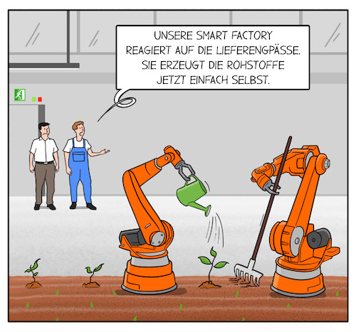 Cartoon: Resiliente Fertigung (medium) by Cloud Science tagged logistik,hannover,messe,industrie,fertigung,automatisierung,roboter,produktion,lieferengpasse,lieferkette,industrieroboter,robotik,smart,factory,zukunft,innovation,tech,technologie,technik,logistik,hannover,messe,industrie,fertigung,automatisierung,roboter,produktion,lieferengpasse,lieferkette,industrieroboter,robotik,smart,factory,zukunft,innovation,tech,technologie,technik