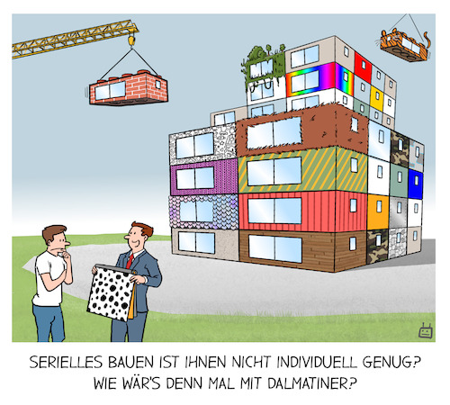 Cartoon: Serielles Bauen (medium) by Cloud Science tagged serielles,bauen,bau,architektur,bauweise,plattenbau,container,modulhaus,modulares,individualisierung,haus,wohnen,wohngebäude,bauwirtschaft,serielles,bauen,bau,architektur,bauweise,plattenbau,container,modulhaus,modulares,individualisierung,haus,wohnen,wohngebäude,bauwirtschaft