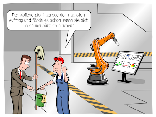 Cartoon: Shopfloor (medium) by Cloud Science tagged shopfloor,lean,management,industrie,40,industrie40,fertigung,produktion,roboter,robotik,roboterarm,kuka,it,tech,technik,technologie,digital,digitalisierung,iot,smart,ki,ai,kuenstliche,intelligenz,zukunft,innovation,disruption,digitale,transformation,arbeiter,manager,unternehmen,business,prozess,wirtschaft,shopfloor,lean,management,industrie,40,industrie40,fertigung,produktion,roboter,robotik,roboterarm,kuka,it,tech,technik,technologie,digital,digitalisierung,iot,smart,ki,ai,kuenstliche,intelligenz,zukunft,innovation,disruption,digitale,transformation,arbeiter,manager,unternehmen,business,prozess,wirtschaft