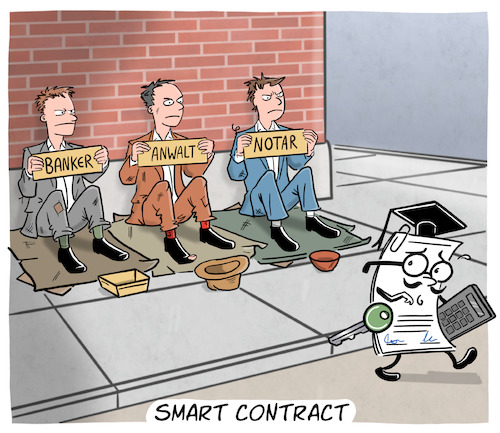 Cartoon: Smart Contract (medium) by Cloud Science tagged smart,contract,blockchain,bitcoin,ethereum,arbeitswelt,arbeitslosigkeit,digitalisierung,digital,krypto,kryptowaehrung,vertrag,intelligent,tech,technik,technologie,vermittler,markler,banker,anwalt,notar,revolution,it,internet,cartoon,karikatur,business,wirtschaft,smart,contract,blockchain,bitcoin,ethereum,arbeitswelt,arbeitslosigkeit,digitalisierung,digital,krypto,kryptowaehrung,vertrag,intelligent,tech,technik,technologie,vermittler,markler,banker,anwalt,notar,revolution,it,internet,cartoon,karikatur,business,wirtschaft