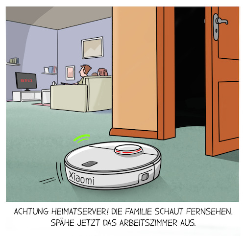 Cartoon: Smart Home Spionage (medium) by Cloud Science tagged smart,home,smarthome,iot,it,sicherheit,security,datenschutz,datendiebstahl,xiaomi,china,überwachung,cybercrime,internet,of,things,vernetzung,spionage,spion,daten,datensammeln,cloud,big,data,wohnzimmer,staubsaugerroboter,staubsauger,smart,home,smarthome,iot,it,sicherheit,security,datenschutz,datendiebstahl,xiaomi,china,überwachung,cybercrime,internet,of,things,vernetzung,spionage,spion,daten,datensammeln,cloud,big,data,wohnzimmer,staubsaugerroboter,staubsauger