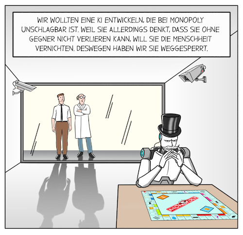 Cartoon: Weltherrschaft (medium) by Cloud Science tagged ki,künstliche,intelligenz,maschinelles,lernen,bedrohung,weltherrschaft,strategie,ziel,monopoly,spiel,agent,technologie,neuronales,netz,go,schach,ki,künstliche,intelligenz,maschinelles,lernen,bedrohung,weltherrschaft,strategie,ziel,monopoly,spiel,agent,technologie,neuronales,netz,go,schach