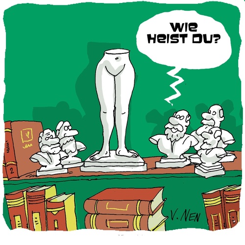 Cartoon: Wie heist du? (medium) by Vladimir Nen tagged büste,des,philosophen,denker,skulptur,geschichte,aus,fußabdruckeinheit,flirt,liebe