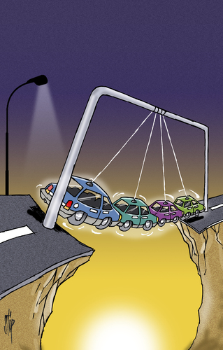 Cartoon: A to B and back (medium) by stip tagged cars,viaduct,traffic,traffic,viaduct,cars