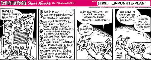 Cartoon: Schweinevogel 9-Punkte-Plan (medium) by Schweinevogel tagged aufgabe,balance,denken,arbeit,aufstehen,planung,plan,leipzig,funny,schweinevogel,schwarwel