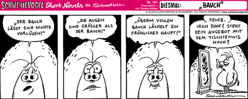 Cartoon: Schweinevogel Bauch (medium) by Schweinevogel tagged übergewicht,abnehmen,sport,bauch,witzig,lustig,cartoon,schwarwel,schweinevogel,schwarzweiss,shortnovel,comicstrip,gewicht,spiegel,figur,tischtennis