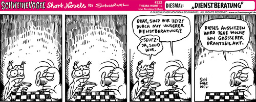 Cartoon: Schweinevogel Dienstberatung (medium) by Schweinevogel tagged aussitzen,tisch,runder,gespräch,meeting,teamwork,team,arbeit,job,treffen,beratung,schwarzweis,funny,shortnovel,irondoof,leipzig,comicstrip,schweinevogel,schwarwel