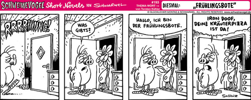 Cartoon: Schweinevogel Frühlingsbote (medium) by Schweinevogel tagged schwarwel,schweinevogel,comicfigur,comic,witz,cartoon,satire,lustig,emotionen,gefühle,frühling,jahreszeiten,blumen,bote,pizza