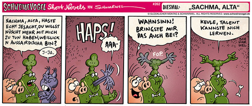 Cartoon: Schweinevogel Sachma Alta (medium) by Schweinevogel tagged freundschaft,kommunikation,talent,superkräfte,ausserirdische,doof,iron,swampie,schweinevogel,comicstrip,comic,funny,novel,short,schwarwel