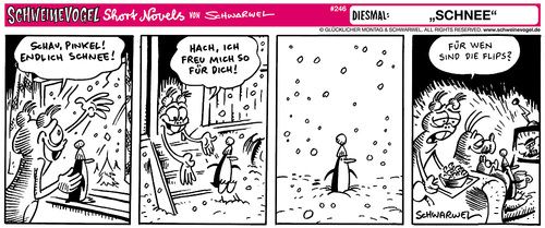 Cartoon: Schweinevogel Schnee (medium) by Schweinevogel tagged schwarwel,short,novel,funny,schwarz,weiss,leben,schnee,winter,tiere,pinguine,eis,klima,wetter,artgerecht,tierhaltung,sofa,flips