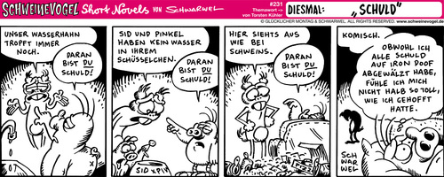 Cartoon: Schweinevogel Schuld (medium) by Schweinevogel tagged schwarwel,schweinevogel,funny,leipzig,schuld,schuldzuweisung,moral,bewertung,wasserhahn,tropfen,wasser,aufräumen