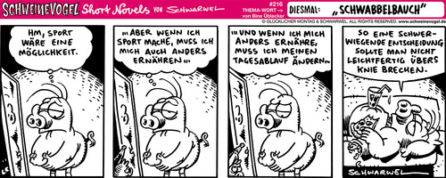 Cartoon: Schweinevogel Schwabbelbauch (medium) by Schweinevogel tagged pizza,essen,bewegung,tagesablauf,ernaehrung,spiegel,bauch,sport,schwarzweis,funny,pinkel,sid,shortnovel,irondoof,leipzig,comicstrip,schweinevogel,schwarwel