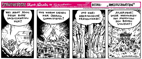 Cartoon: Schweinevogel Umzugskarton (medium) by Schweinevogel tagged schwarwel,schweinevogel,irondoof,comicfigur,comic,witz,cartoon,satire,wasser,regen,wetter,umwelt,umug,umzugskarton,gummistiefel,friesennerz,arche,noah,hochwasser,tiere