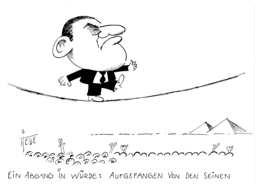 Cartoon: Abgang in Würde (medium) by tiede tagged hochseilakt,revolte,ägypten,würde,abgang,mubarak,ägypten,revolution,demokratie,protest,mubarak,rücktritt