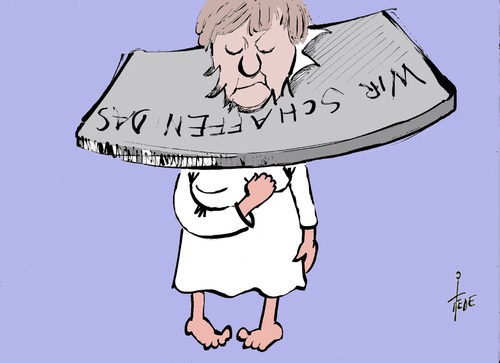 Cartoon: Canossa (medium) by tiede tagged angela,merkel,flüchtlinge,wahlen,kritik,tiede,cartoon,karikatur,angela,merkel,flüchtlinge,wahlen,kritik,tiede,cartoon,karikatur