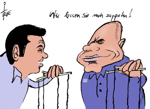 Cartoon: Die Puppenspieler (medium) by tiede tagged schuldenkrise,griechenland,tsipras,varoufakis,eu,troika,grexit,merkel,schäuble,schuldenkrise,griechenland,tsipras,varoufakis,eu,troika,grexit,merkel,schäuble