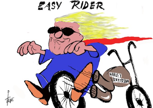 Cartoon: Easy Rider (medium) by tiede tagged trump,zölle,handelskrieg,harley,davidson,trump,zölle,handelskrieg,harley,davidson