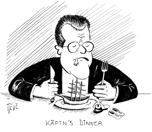 Cartoon: Käptn s Dinner (medium) by tiede tagged tiede,tiedemann,guttenberg,abberufung,kapitän,gorch,fock,guttenberg,gorch,fock,meuterei,schiff,see,armee,minister,kadett,schikane,bord,kommandant,ausbildung,segel,takelage,marine,matrose,verteidigungsminister