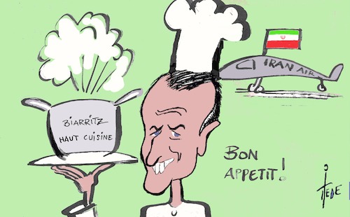 Cartoon: Macron-Coup (medium) by tiede tagged macron,biarritz,g7,iran,trump,merkel,coup,tiede,cartoon,karikatur,macron,biarritz,g7,iran,trump,merkel,coup,tiede,cartoon,karikatur