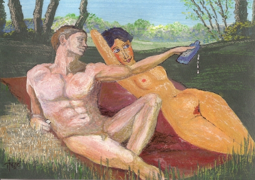 Cartoon: Michelangelo meets Modigliani (medium) by tiede tagged sun,bath,sunlotion,art,modigliani,michelangelo,michelangelo