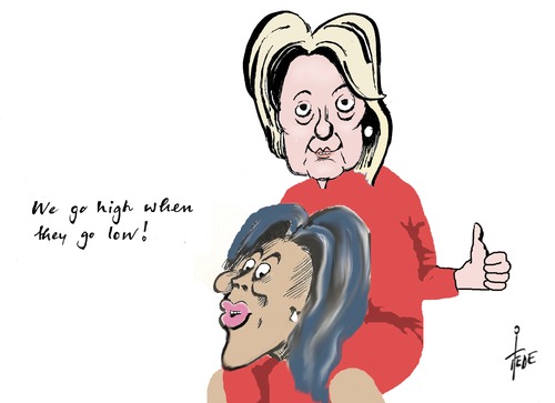 Cartoon: Michelle -Hillary (medium) by tiede tagged michelle,obama,hillary,clinton,donald,trump,usa,tiede,tiedemann,cartoon,karikatur,michelle,obama,hillary,clinton,donald,trump,usa,tiede,tiedemann,cartoon,karikatur