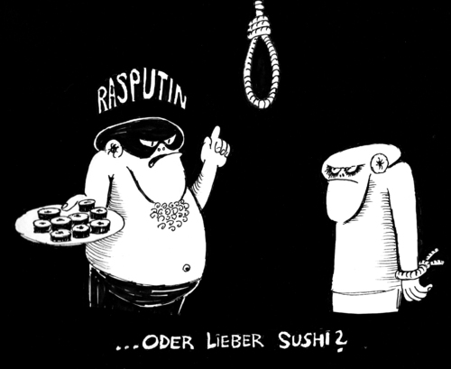 Cartoon: Or do you prefer sushi? (medium) by tiede tagged kontamination,lebensmittel,japan,fukushima,henker,galgen,sushi,sushi,galgen,henker,fukushima,japan,lebensmittel,kontamination