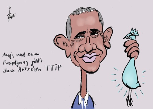 Cartoon: TTIP - Hühnchen (medium) by tiede tagged karikatur,cartoon,tiede,hannover,merkel,obama,eu,usa,freihandelsabkommen,ttip,chlorhühnchen,chlorhühnchen,ttip,freihandelsabkommen,usa,eu,obama,merkel,hannover,tiede,cartoon,karikatur