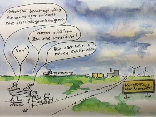 Cartoon: Alter Wein in neuen Schläuchen (medium) by Pralow tagged strahlenschutz,atomsicherheit,rückbau,endlager,zwischenlager,energiewende,regenerative,energie
