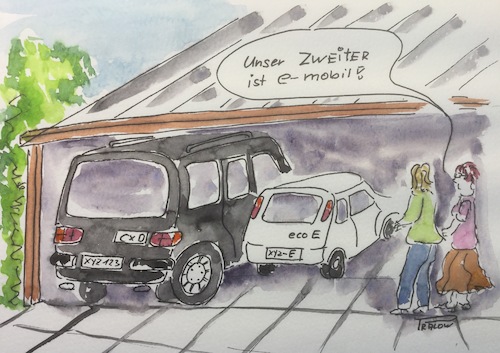 Cartoon: Der Zweitwagen (medium) by Pralow tagged austieg,fossile,brennstoffe,ladestation,zweitwagen,klimaneutral,ladesäule,reichweite,austieg,fossile,brennstoffe,ladestation,zweitwagen,klimaneutral,ladesäule,reichweite