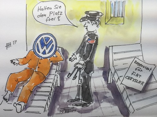 Cartoon: Ein Platz frei (medium) by Pralow tagged abgasskandal,vw,fiat,chrysler,manager,klimaschutz,klimawandel,arbeitsplätze,mobilität,abgasskandal,vw,fiat,chrysler,manager,klimaschutz,klimawandel,arbeitsplätze,mobilität,gefängnis,zelle,frei,halten,wärter