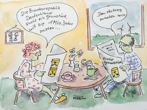 Cartoon: Endlagerung (medium) by Pralow tagged atomkraftwerk,endlagerung,strahlung,gesundheit,klimaschutz,atomkonsrns,rwe,vattenfall,eon,bnbw,tennet,50,herz,strahlenschutz,atomkraftwerk,endlagerung,strahlung,gesundheit,klimaschutz,atomkonsrns,rwe,vattenfall,eon,bnbw,tennet,50,herz,strahlenschutz