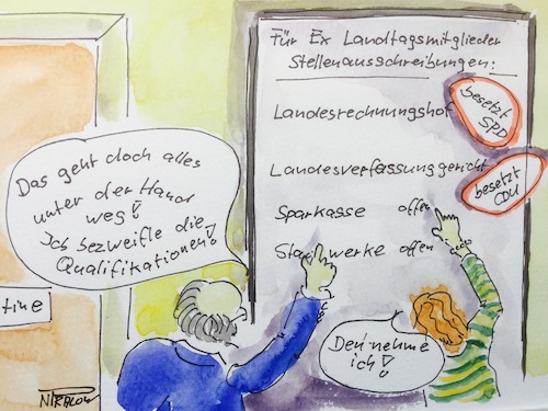 Cartoon: Stellenausschreibung (medium) by Pralow tagged stellenausschreibung,korruption,landtag,fraktion,fraktionsmitglieder,spd,cdu,fdp,grüne,stellenausschreibung,korruption,landtag,fraktion,fraktionsmitglieder,spd,cdu,fdp,grüne,unter,der,hand