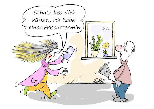 Cartoon: Corona-Friseur (medium) by BuBE tagged coronaexit,friseur,wiedereröffnung,haareschneiden,vorfreude,erlösung,überraschung,covid19,erleichterung