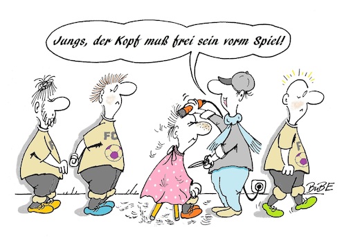 Cartoon: Fußball - Spielvorbereitung (medium) by BuBE tagged fußball,spieler,spielvorbereitung,teamabsprache,sportpsychologie,friseur,glatze