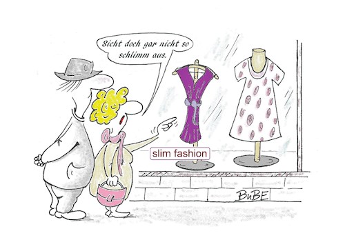 Cartoon: slim fashion (medium) by BuBE tagged mode,slim,fashion,schaufenster,einkauf,kleider,ehepaar