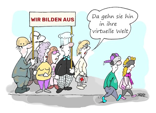 Cartoon: Virtuelle Welt (medium) by BuBE tagged virtuell,welt,ausbildung,lehrstellen,jugend,beruf,berufswahl