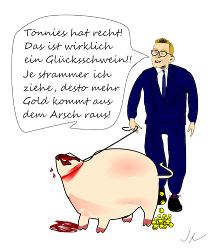 Cartoon: Amthor (medium) by Jochen N tagged tönnies,schwein,blut,fleisch,glücksschwein,werksverträge,ausbeutung,schlachthof,arbeitsbedingungen,lobby,cdu,druck,leine,arsch,corona,pandemie,covid,19