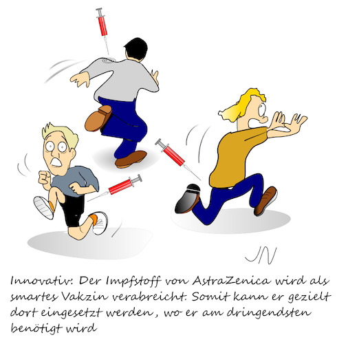 Cartoon: AstraZeneca (medium) by Jochen N tagged impfstoff,impfen,astrazeneca,biontech,pfizer,moderna,vakzin,smart,biowaffe,spritze,panik,logistik,weglaufen,corona,pandemie,covid,19,lockdown