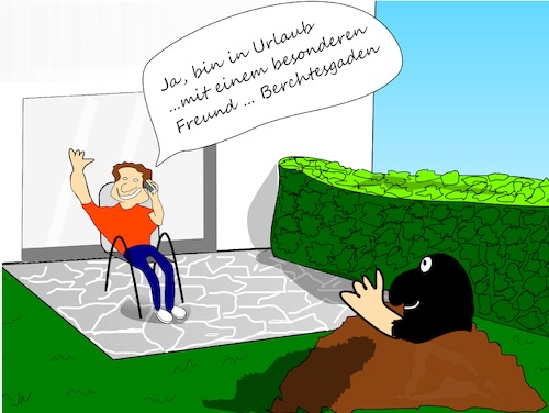 Cartoon: Berg des Garten (medium) by Jochen N tagged berg,garten,berchtesgaden,terrasse,balkon,urlaub,hecke,maulwurf,hügel,winken,rasen